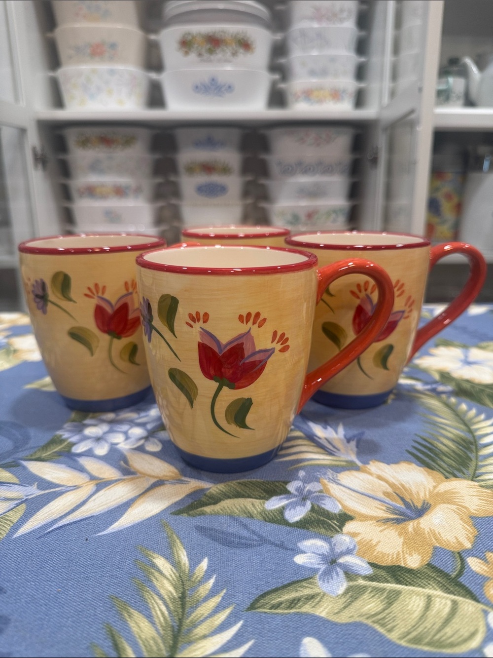 Pfaltzgraff Cream Floral Mugs with Red Handles and Blue Bases Hand Painted